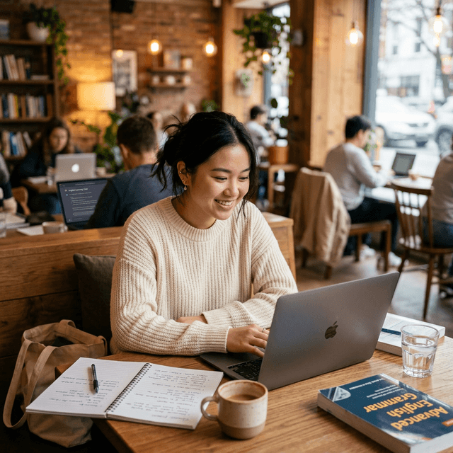 Student learning English with AI technology